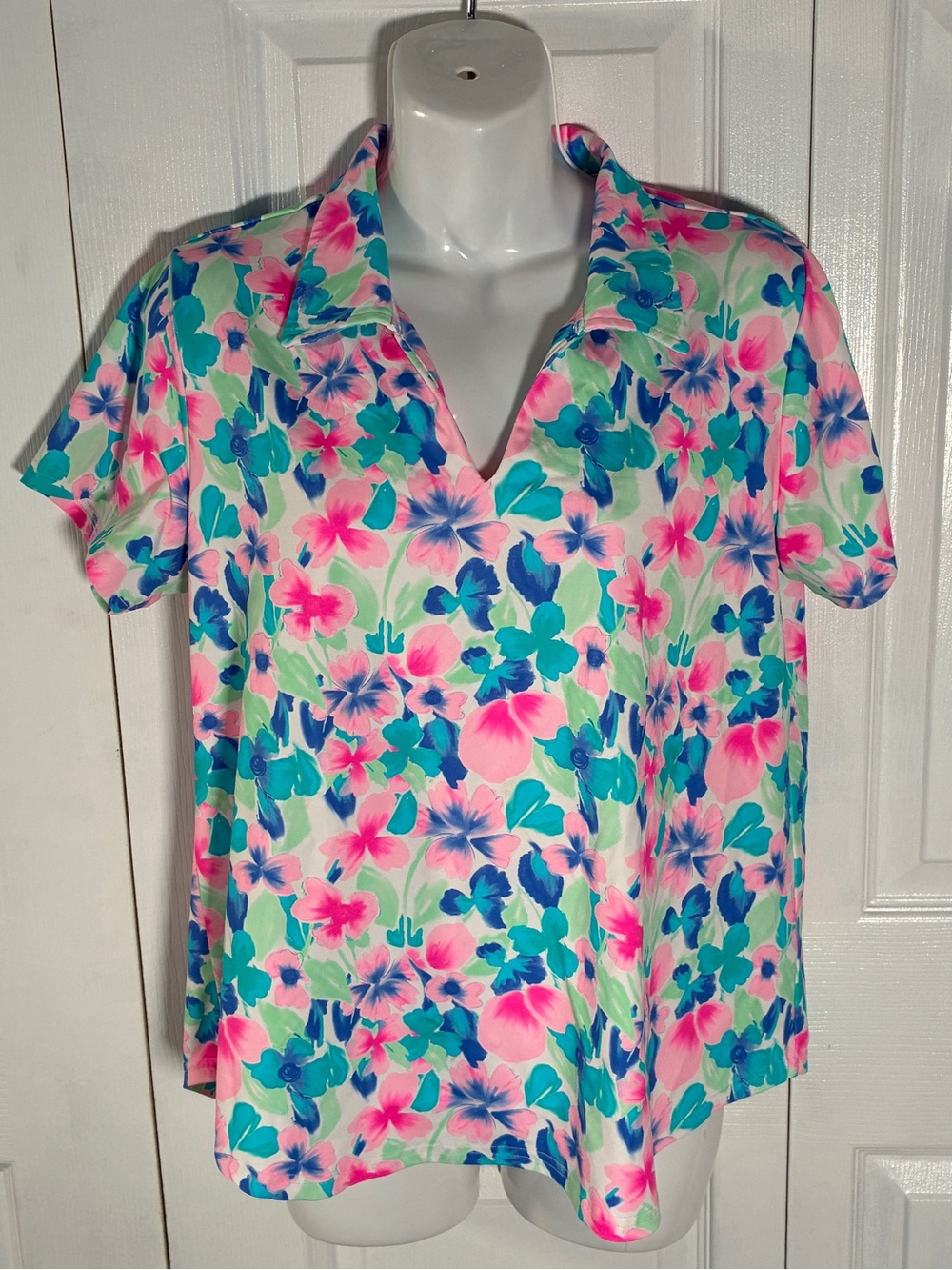 Lulu-B Colorful Comfy Clothing Pink Petals Floral Polo Collared Blouse